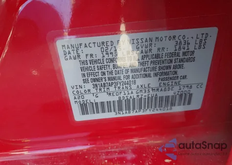 2015 Nissan Sentra Sr z USA, uszkodzony, nr VIN 3N1AB7AP3FY244018